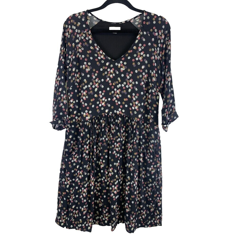 Garnet Hill Bohemian Pocket Detail Dress Polkadot Crepe V-Neck Short 3/4 Women 4